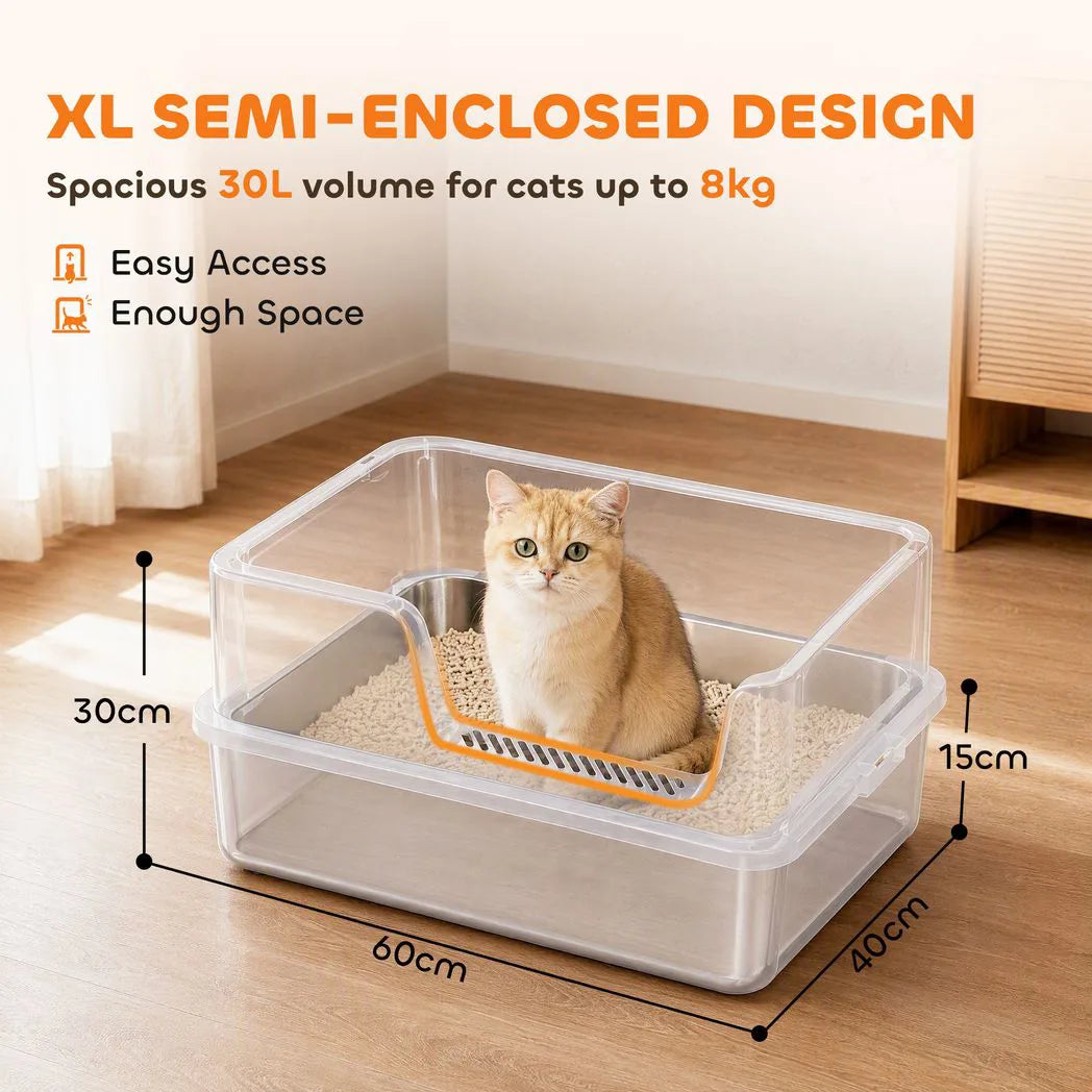 PawHut XL Stainless Steel Cat Litter Tray with Lid, Scoop and Mat – High-Sided Litter Box, Light Grey