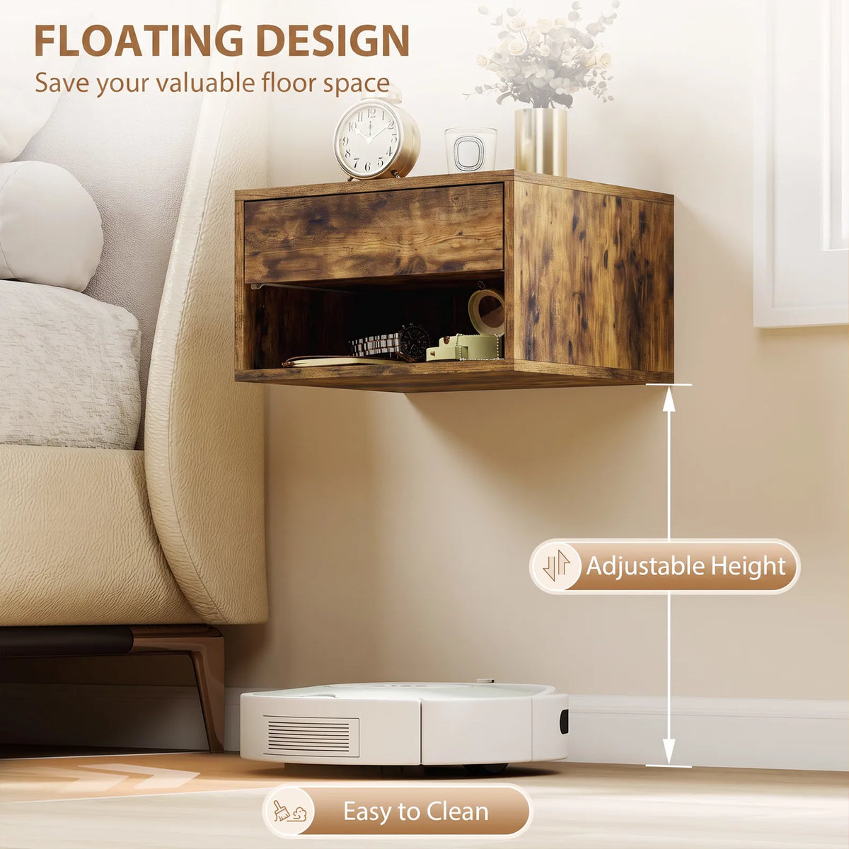 HOMCOM Set of 2 Floating Bedside Tables with Drawer and Open Shelf – Wall-Mounted Nightstands, Rustic Brown