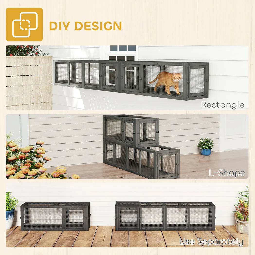 PawHut 250cm Extra Long Wooden Cat Tunnel with 8 Doors – L-Shape or Rectangle Outdoor Cat Enclosure, Dark Grey