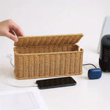 Wicker-Style Cable Management Box with Hinged Lid – Rattan-Effect Plug Socket and Power Strip Cover Organiser