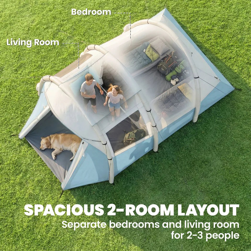 Outsunny Inflatable Camping Tent with Air Pump & 2 Rooms – Easy Setup 2–3 Person Blow Up Tent, Light Blue