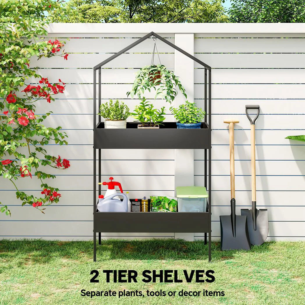 Outsunny 2 Tier Metal Plant Stand with Hanging Hook, House-Shaped Indoor Outdoor Display Rack, Black