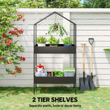 Outsunny 2 Tier Metal Plant Stand with Hanging Hook, House-Shaped Indoor Outdoor Display Rack, Black