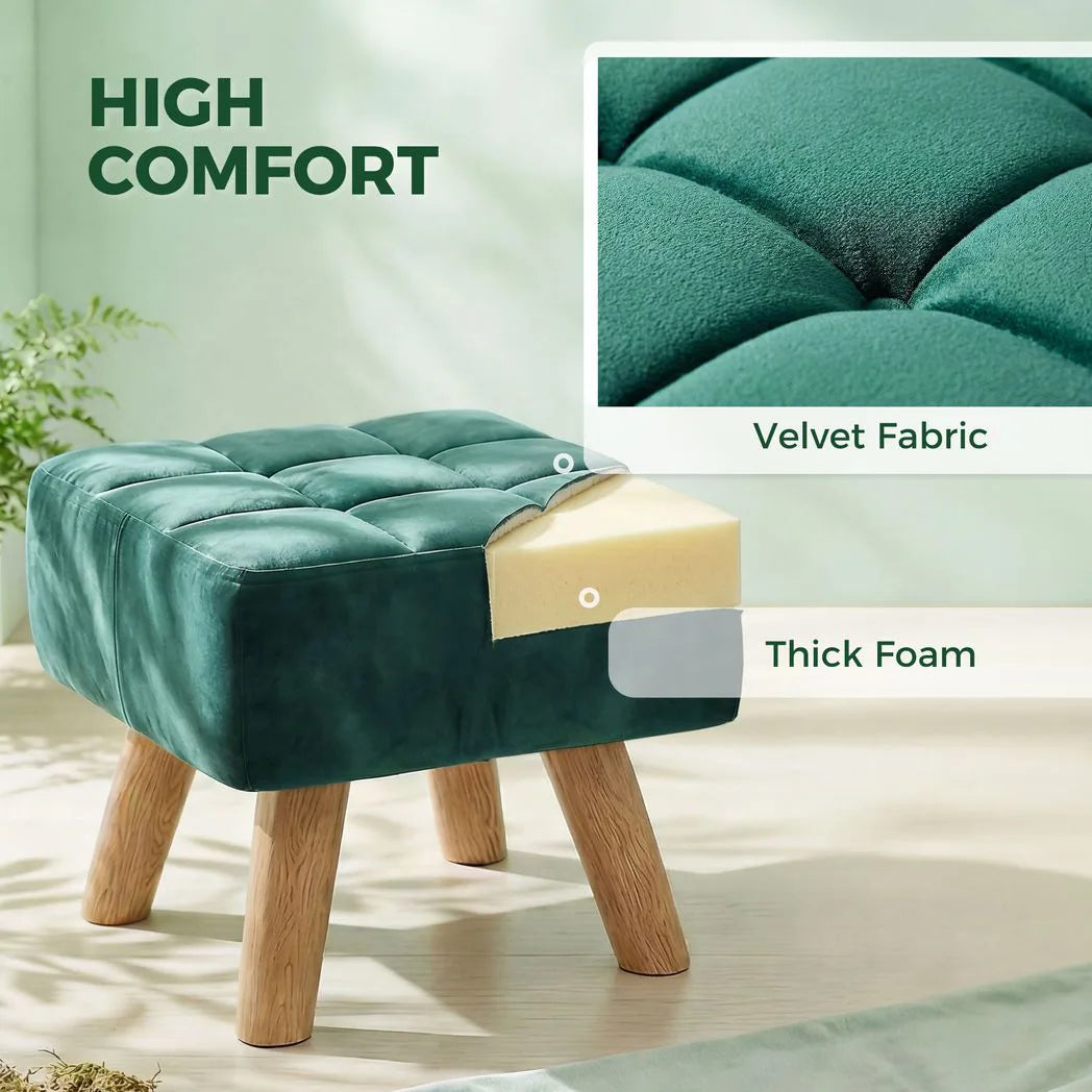 HOMCOM Velvet Square Padded Footstool with Wooden Legs – Leg Rest & Vanity Stool, Dark Green