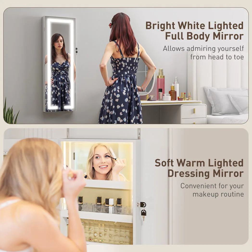HOMCOM Wall Mounted LED Mirror Jewellery Cabinet, Full Length and Lockable – Over-Door Organiser, White