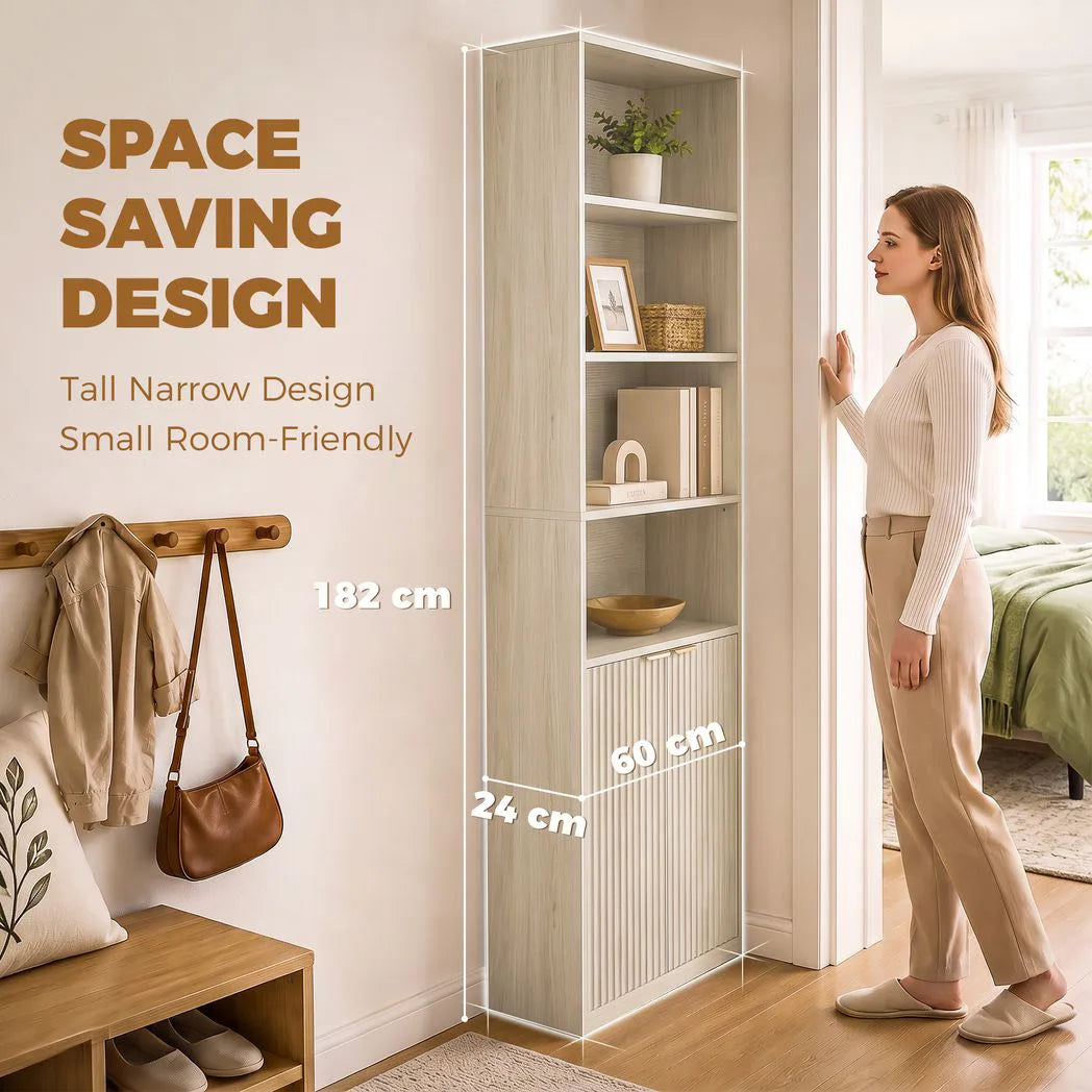 HOMCOM Slim Bookcase with Open Cubbies, Double-Door Cabinet & Adjustable Shelf – Anti-Tip Storage, Oak Wood Effect