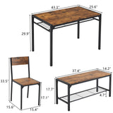 Rustic Brown 4 Piece Dining Table Set with 2 Chairs and Bench – Space-Saving Kitchen Table, Storage Shelves