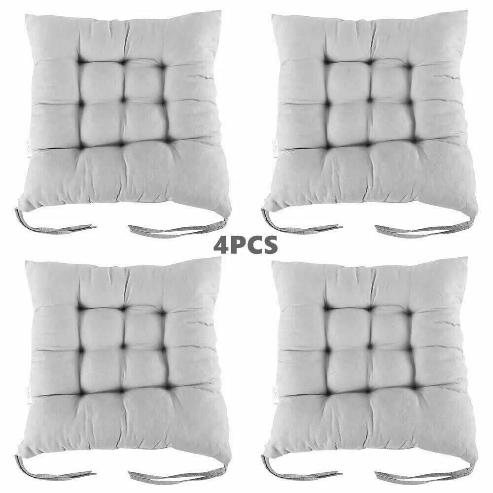 4 Pack Tie-On Chair Seat Pads, 38 x 38cm – Cotton Cover Cushions for Dining & Kitchen Chairs, Grey or Dark Blue