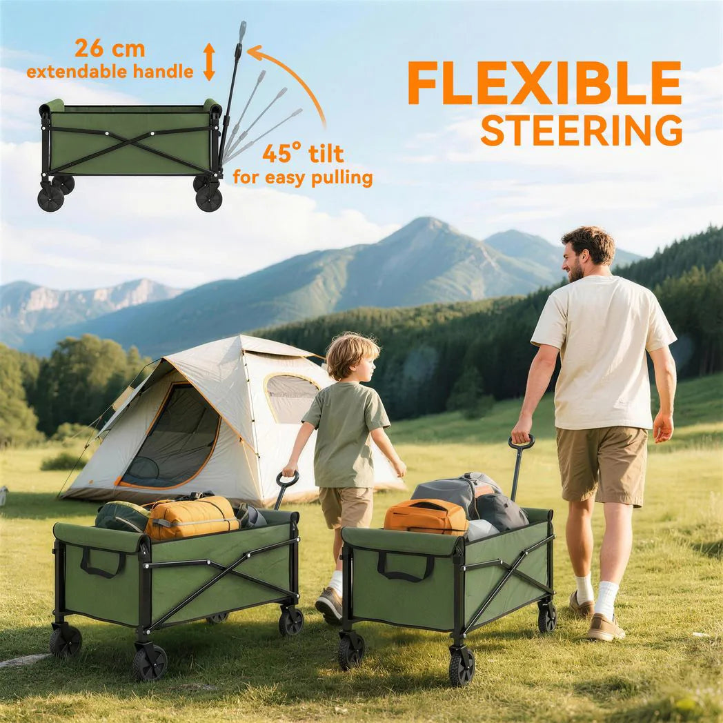 Outsunny Folding Festival Trolley on Wheels, 80L Compact Camping Cart with Adjustable Handle, Green