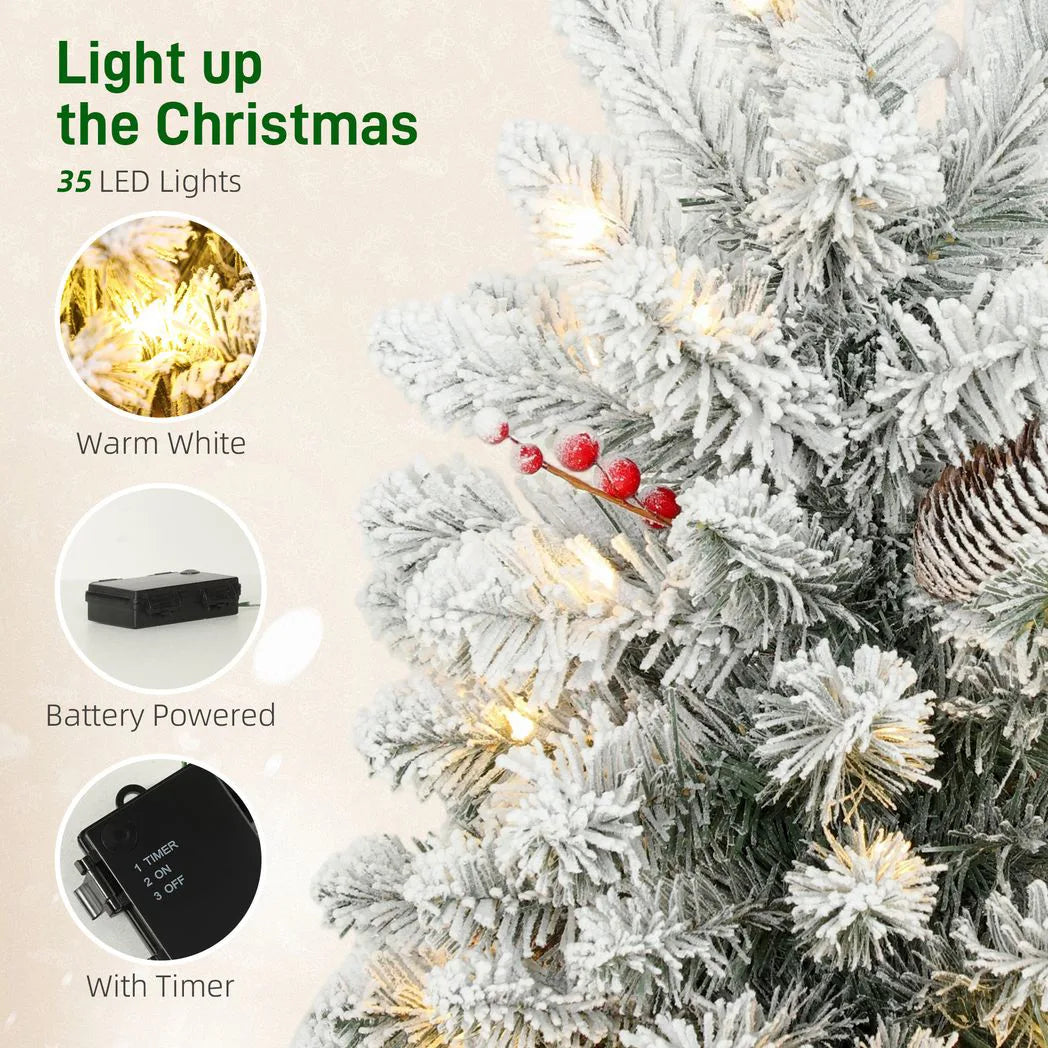 HOMCOM 60 cm Prelit Tabletop Christmas Tree with 35 LEDs and Timer – Snow Flocked Mini Tree, Battery Operated