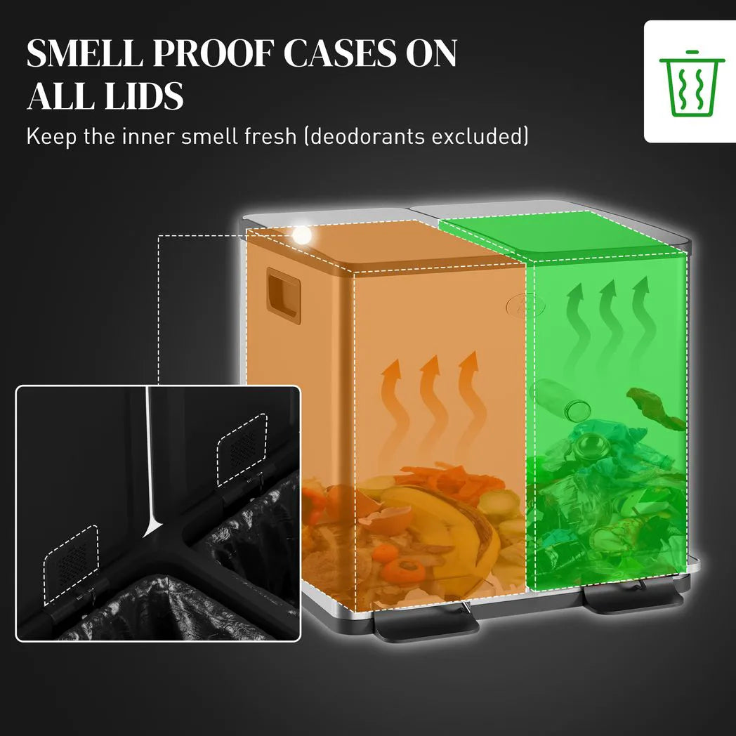 HOMCOM 30L Dual Compartment Pedal Bin with Deodoriser Holders & Soft-Close Lid – Stainless Steel
