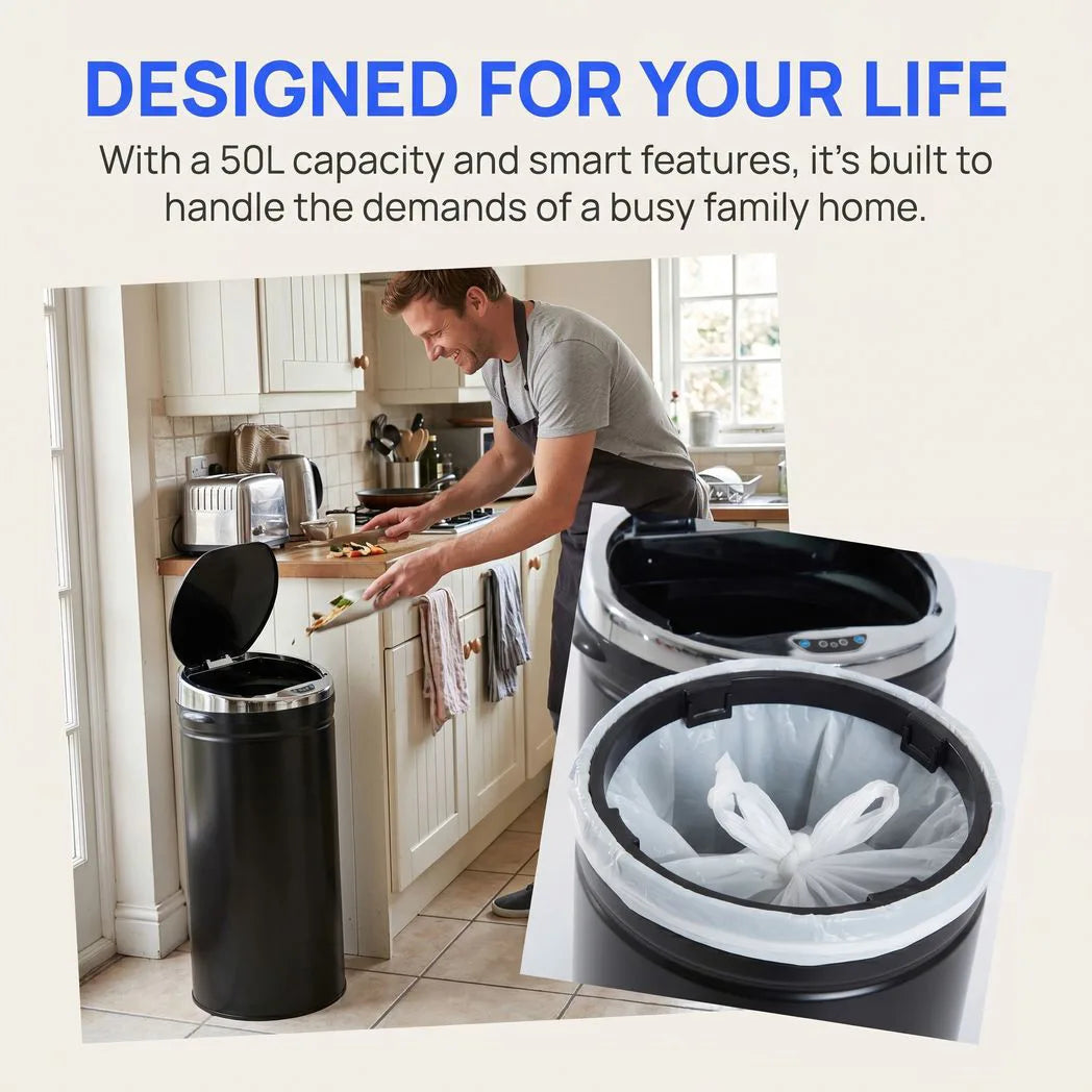 HOMCOM 50L Automatic Motion Sensor Rubbish Bin – Fingerprint-Resistant Stainless Steel Kitchen Bin, Black
