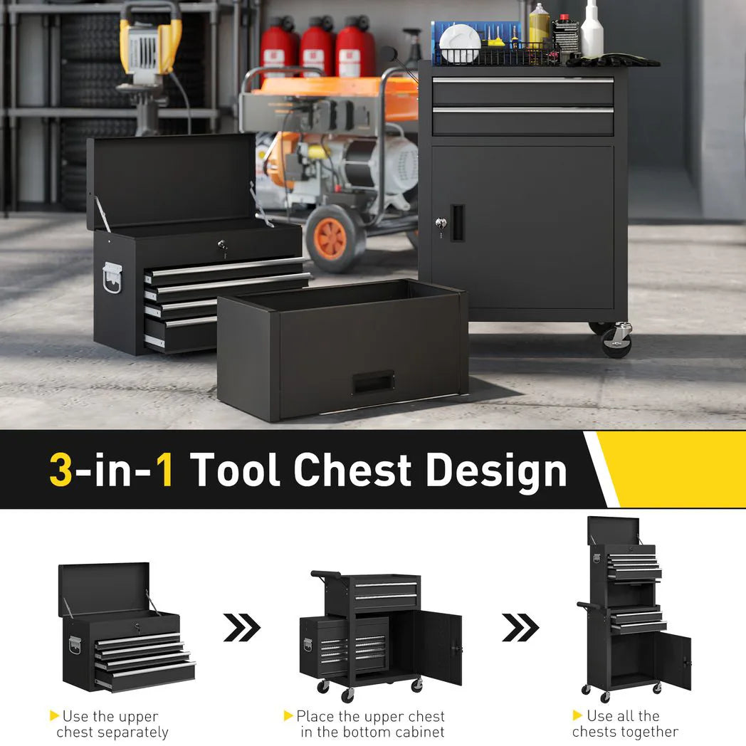 HOMCOM Three-Part Steel Locking Tool Chest with Wheels, 6 Drawers and Side Pegboard – Garage Storage, Black