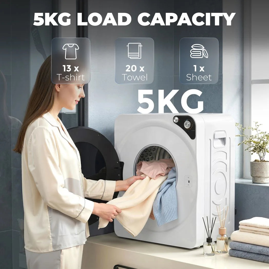 HOMCOM 5kg Vented Tumble Dryer, 1000W Compact Stackable Dryer with 5 Drying Modes and Stainless Steel Tub, White