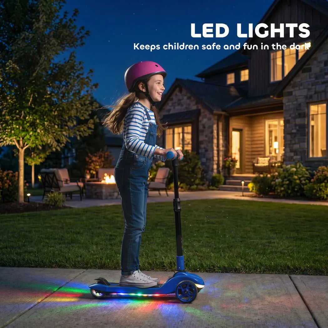 AIYAPLAY Kids Three-Wheel Foldable Electric Scooter with LED Lights, Ages 6–10, Blue