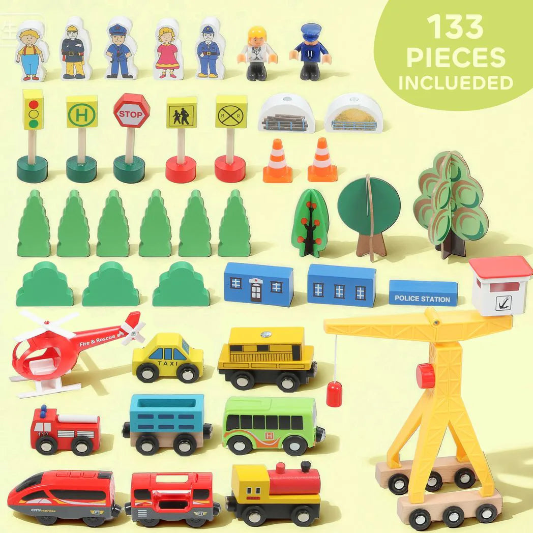 AIYAPLAY 133-Piece Wooden Train Set with Battery-Powered Engine, Crane & Storage Box – Toy Train for Ages 3+