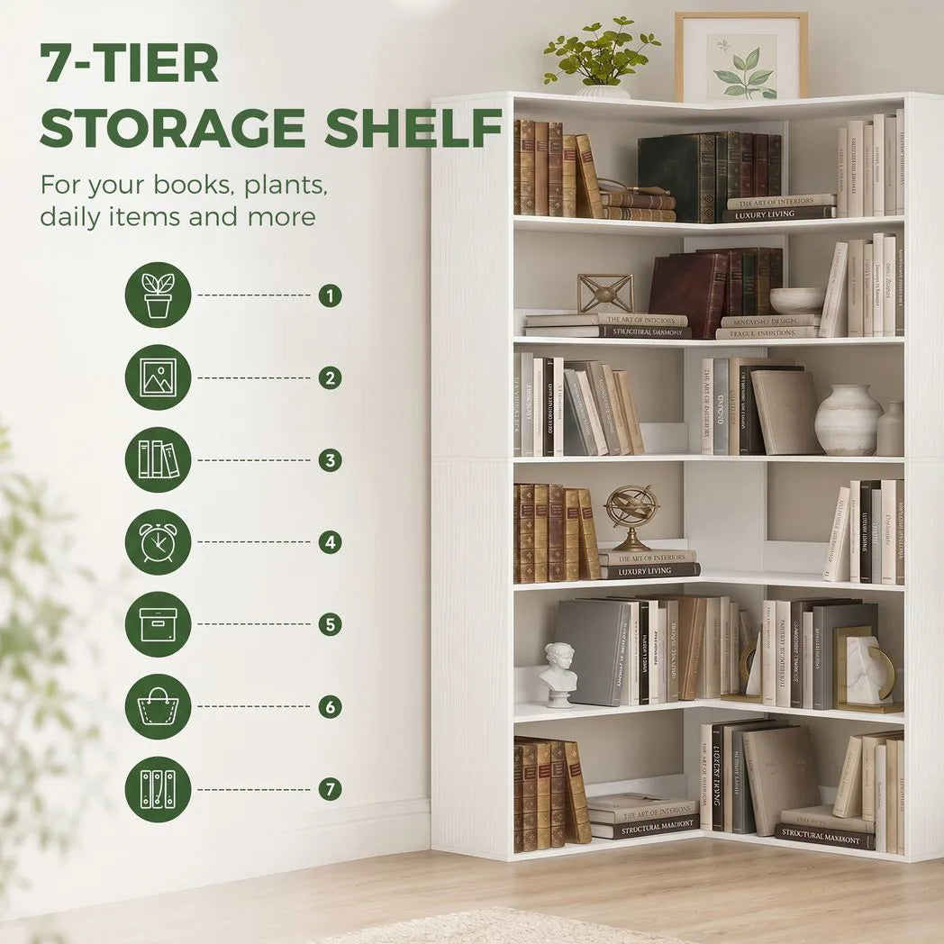 HOMCOM 7-Tier L-Shaped Corner Bookcase with Rear Guards and Anti-Tip Hardware – Bookshelf, White Wood Effect