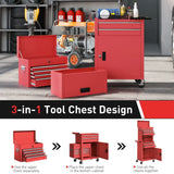 HOMCOM Three-Part Steel Locking Tool Chest with Wheels, 6 Drawers and Side Pegboard – Garage Storage, Red
