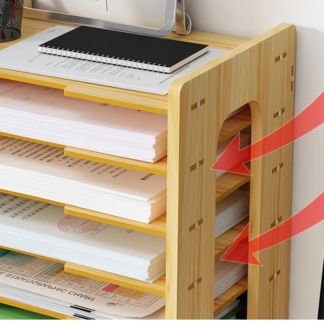 Multi-Layer Wooden Desktop Document Organiser – Office Desk File Storage for Paper and Magazines