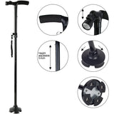 Folding Walking Stick with LED Light, 5 Adjustable Heights & Pivot Base – Hiking & Travel Cane, Black