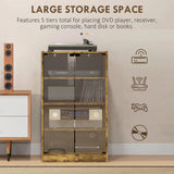 HOMCOM 4-Tier Hi-Fi Stand with Push-to-Open Glass Doors and Adjustable Shelves – Record Player Cabinet, Rustic Brown