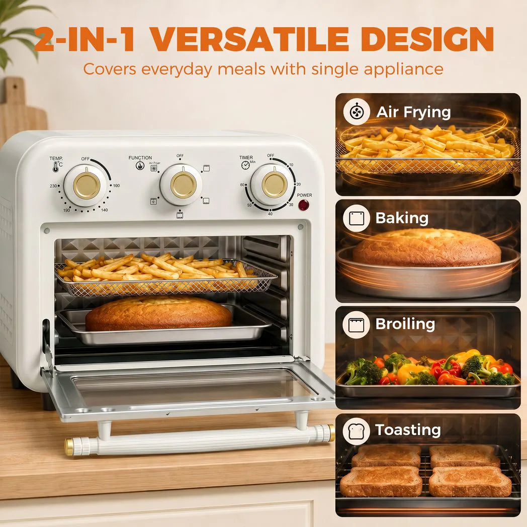 HOMCOM 12L Air Fryer Toaster Oven – Retro Convection Countertop Oven with Adjustable Temperature and Timer, Cream White