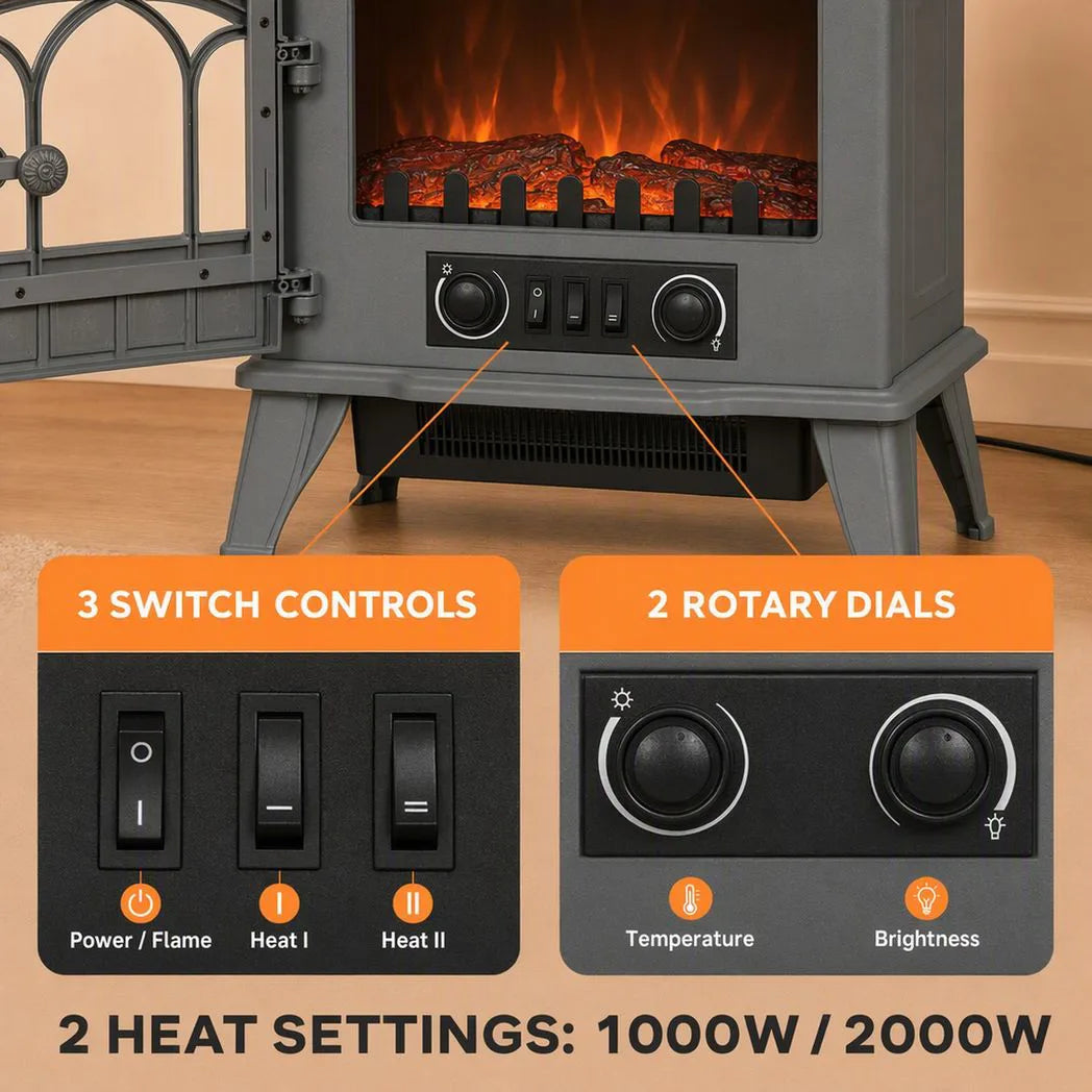 HOMCOM Freestanding Electric Fireplace with LED Flame, 1000W/2000W Log Burner and Overheat Safety, Grey