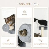 PawHut 5-Piece Wall-Mounted Cat Furniture Set with Perch, Cat House and Sisal Scratching Post – Plush Cat Shelves