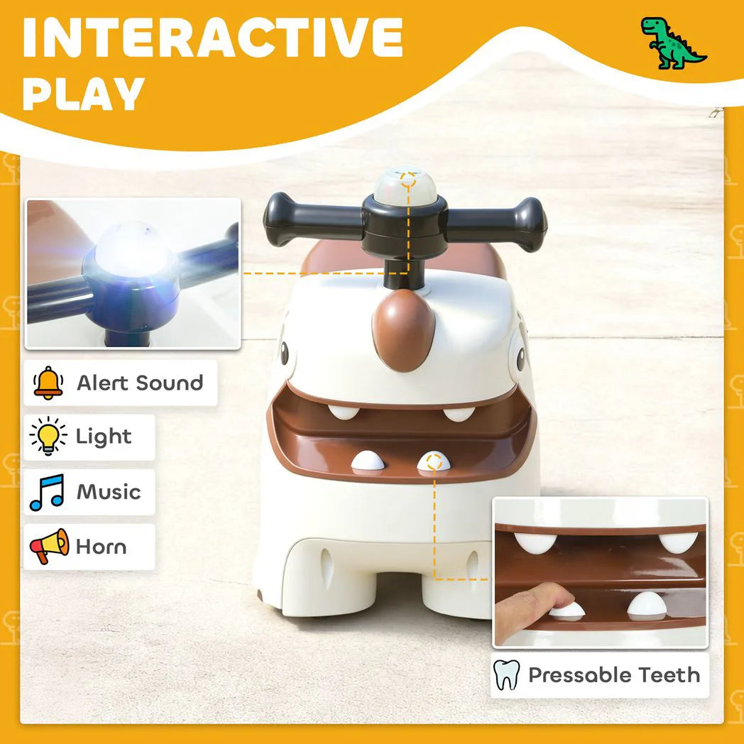 AIYAPLAY Kids Dinosaur Ride On Car with Lights, Sounds and Storage – Foot to Floor Toddler Walker, Cream