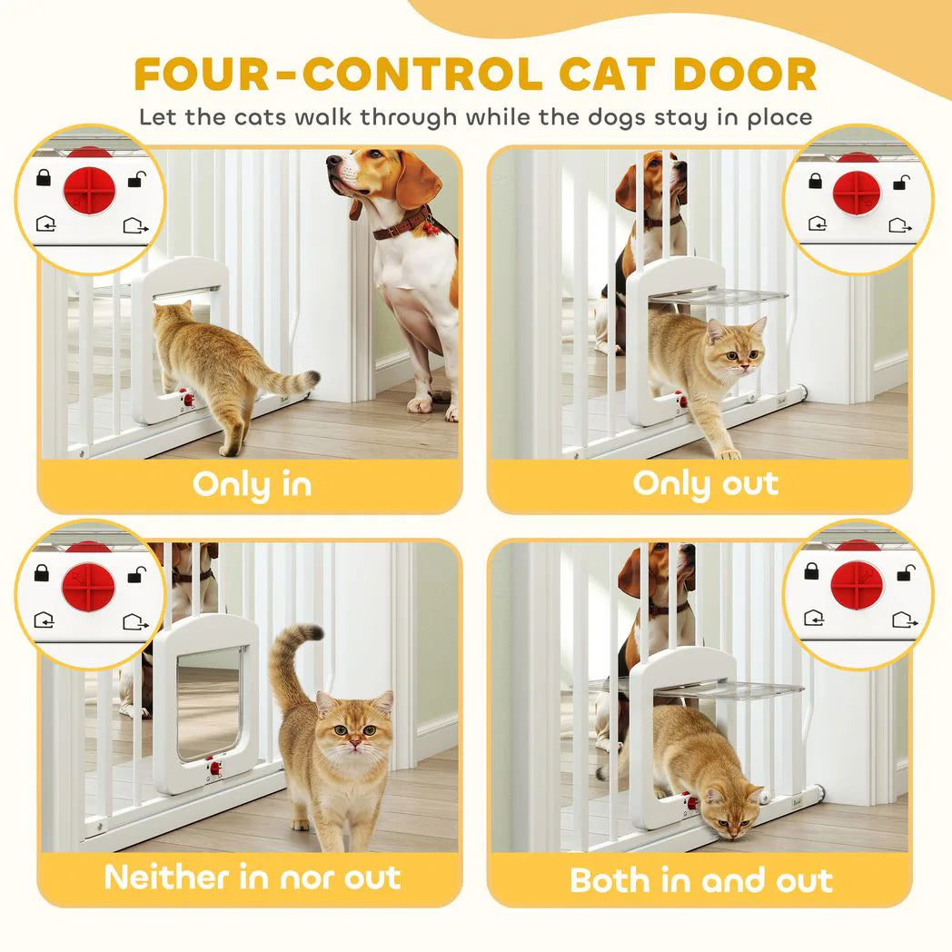 PawHut Adjustable Pet Gate with Four-Way Cat Flap – Pressure Fit Barrier for Doorways, 75-85 cm, White