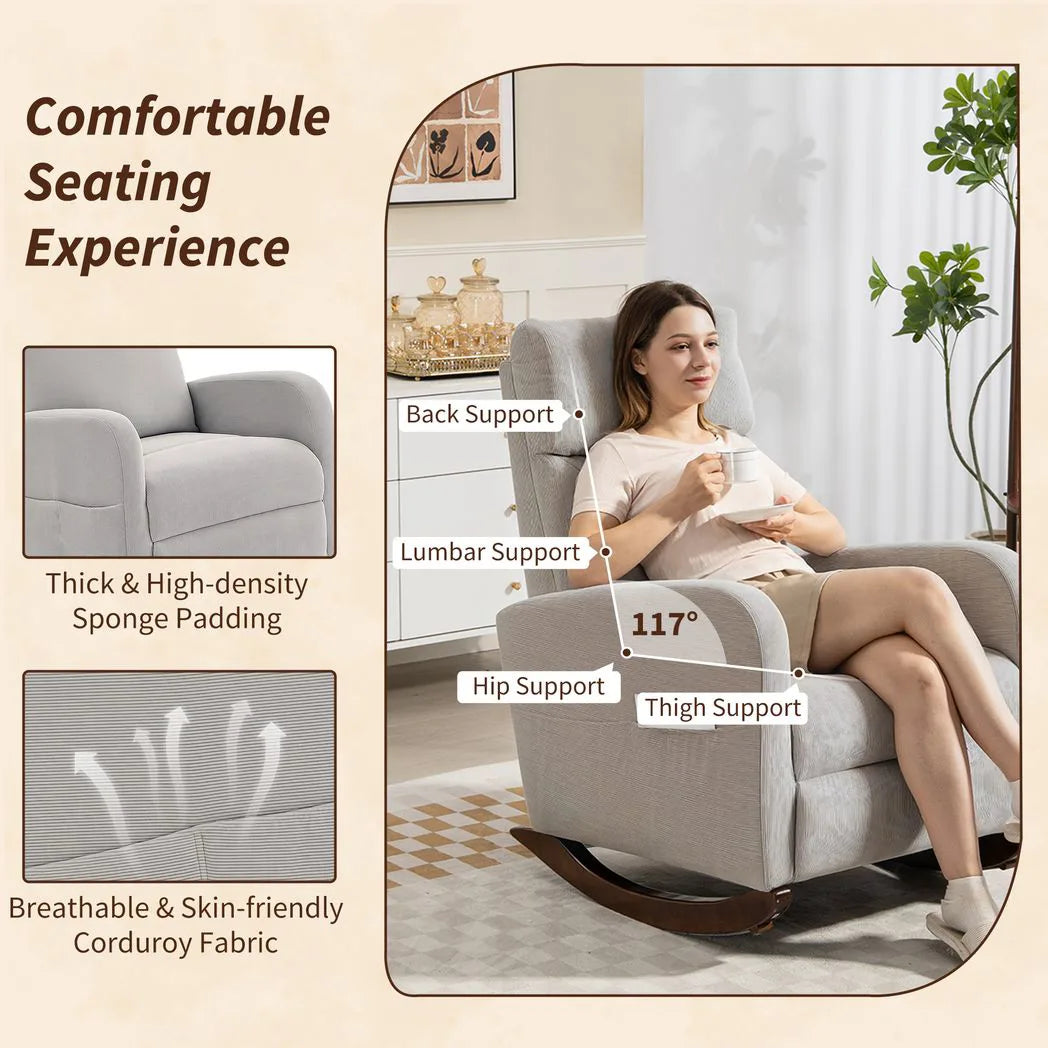 HOMCOM Corduroy Rocking Armchair with Thick Padding and Side Pockets – Relaxing Living Room Chair, Grey