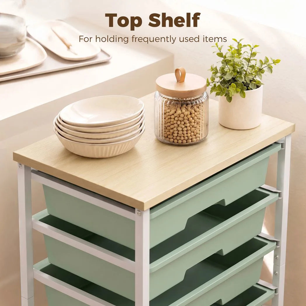 HOMCOM 6-Tier Storage Trolley on Wheels with 5 Pull-Out Drawers – Metal Kitchen Rolling Cart, Green