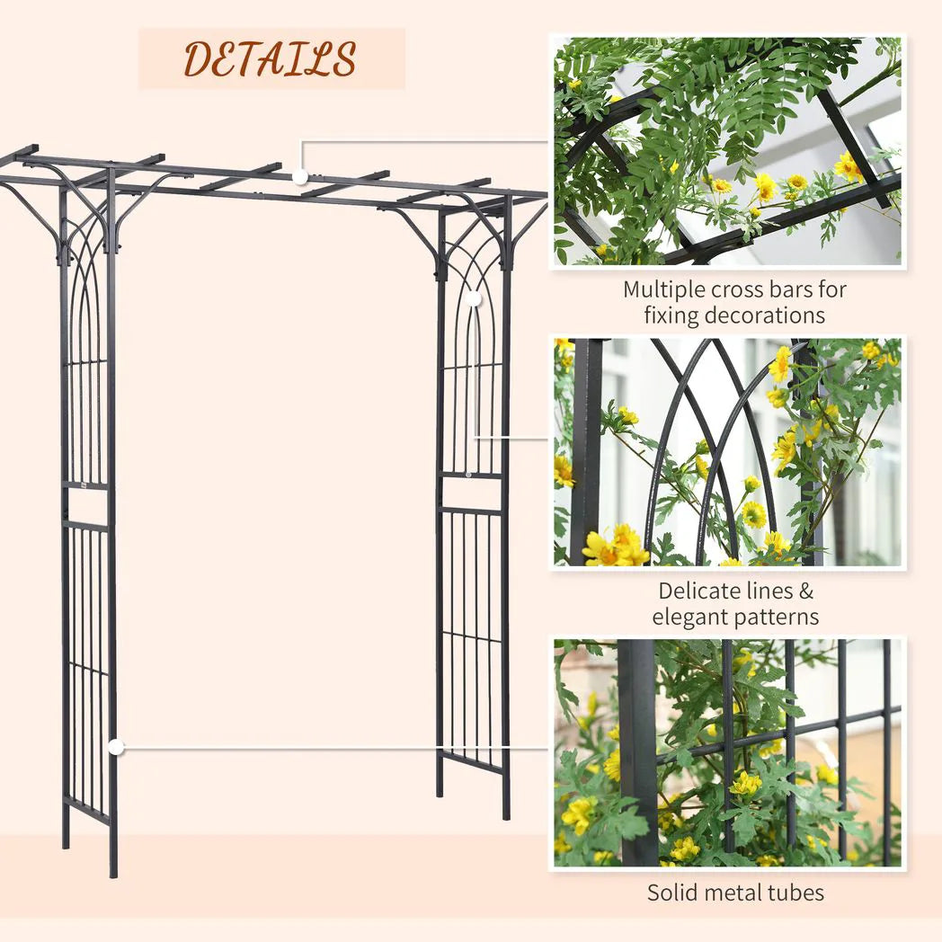 Outsunny 210 cm Metal Garden Trellis Arch with Steel Tubing & Scrollwork – Wedding Arbour, Dark Grey