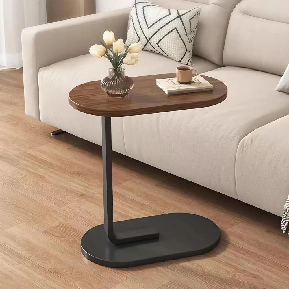 Small C-Shaped Side Table with Wood-Grain Top & Iron Legs, 45 x 28 x 60cm – Sofa End Table, Bedside Nightstand