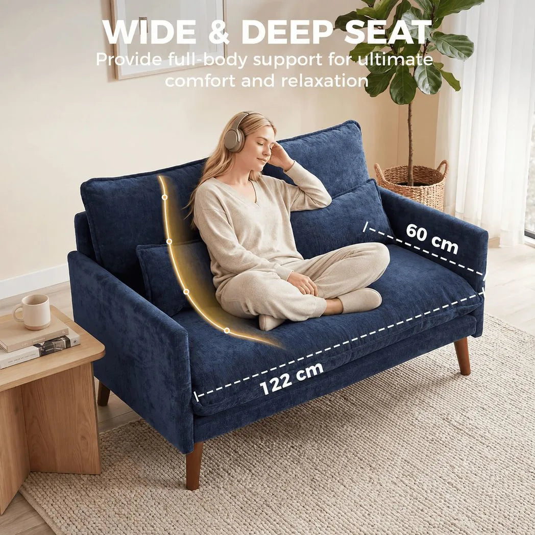 HOMCOM 2 Seater Loveseat Sofa with Pocket Spring Cushions, Wide Deep Seat & Rubberwood Legs – Velvet-Feel, Blue