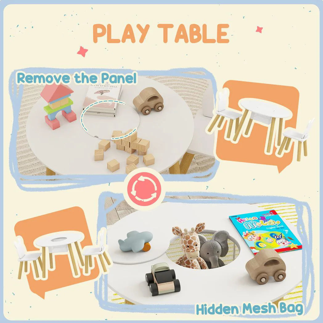 AIYAPLAY 3-Piece Kids Activity Table and Chairs Set with Storage Mesh Bag, Bear Backrests – White