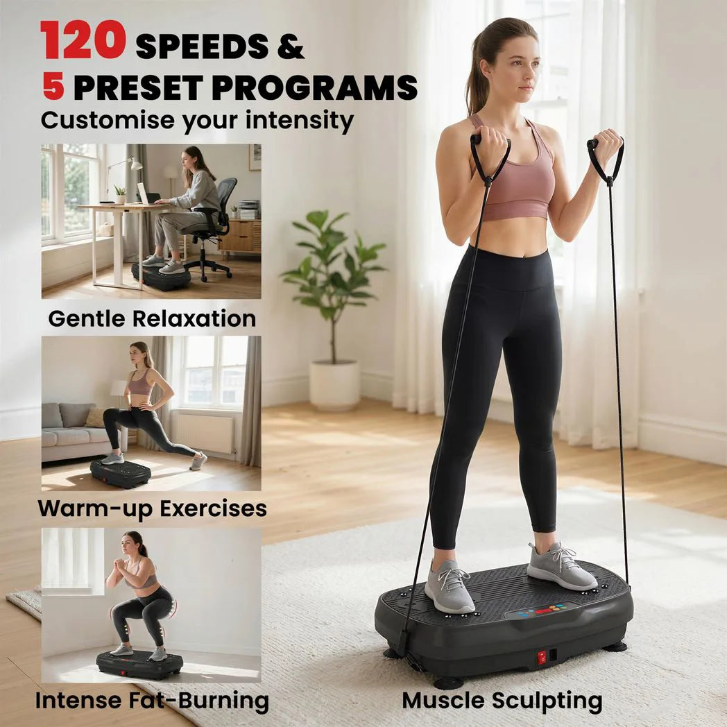 SPORTNOW Vibration Plate with 120 Speed Levels, 5 Programmes & Resistance Bands – Quiet Home Workout Machine