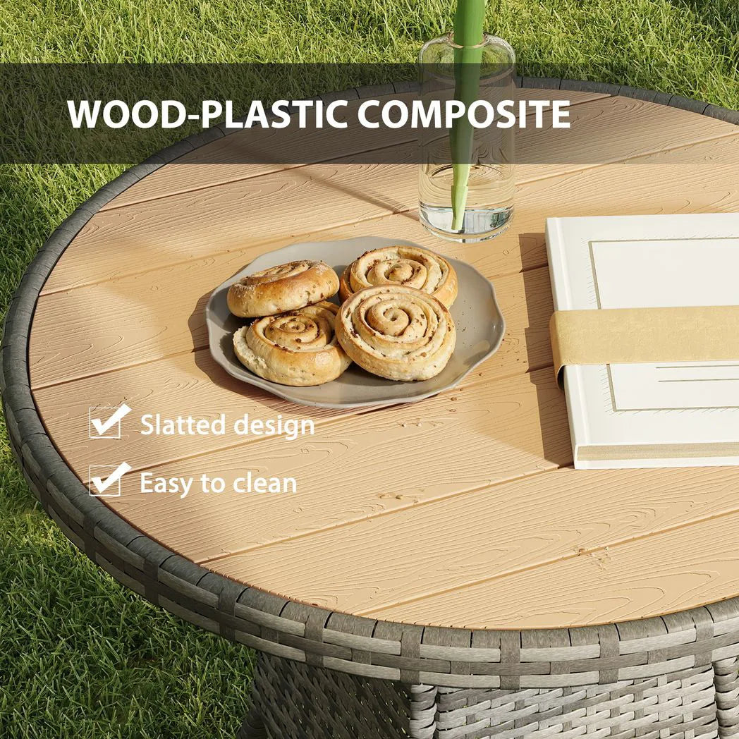 Outsunny 70 cm Round Rattan Garden Table with Slatted Wood-Effect Top, Natural