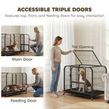 PawHut Heavy Duty Dog Crate, 93 x 58 x 76 cm – Triple Door Dog Cage with Wheels for Small to Medium Breeds