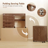 HOMCOM Folding Sewing Table with Storage, Thread Racks & Lockable Casters – Rolling Craft Table, Brown