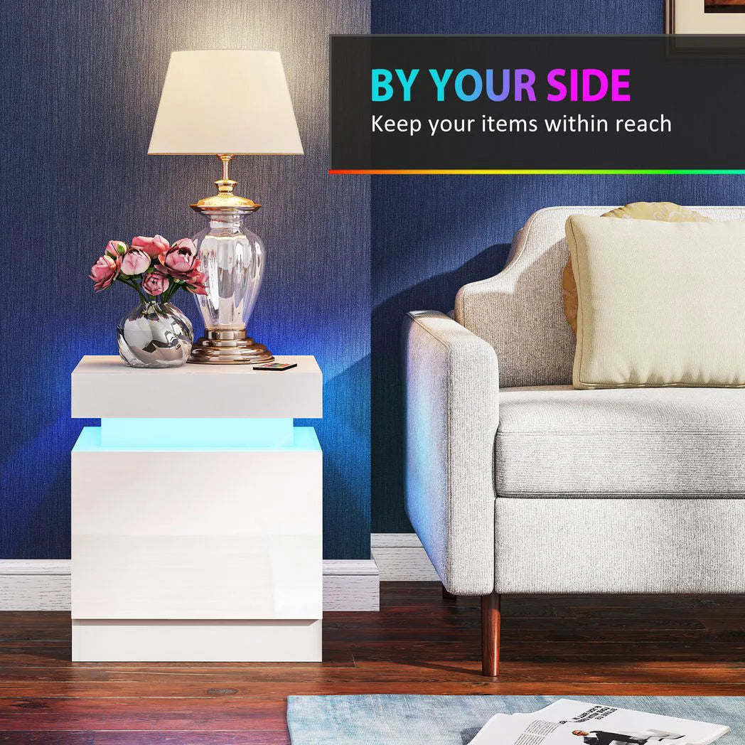 HOMCOM Set of 2 White Bedside Tables with LED Light and 2 Drawers – High Gloss Nightstands for Bedroom