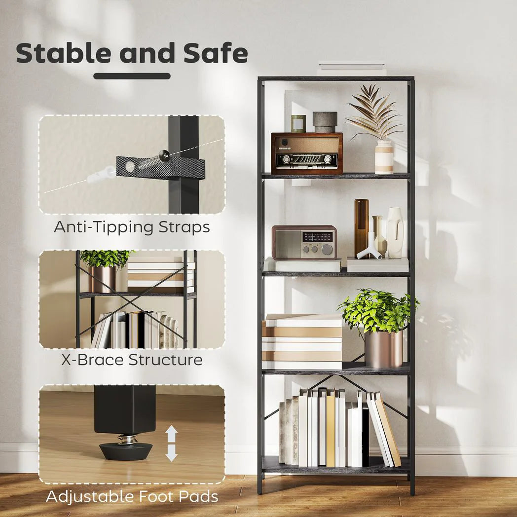 HOMCOM 5-Tier Industrial Bookcase with Metal Frame and Anti-Tipping Straps – Display Shelf, Dark Grey and Black