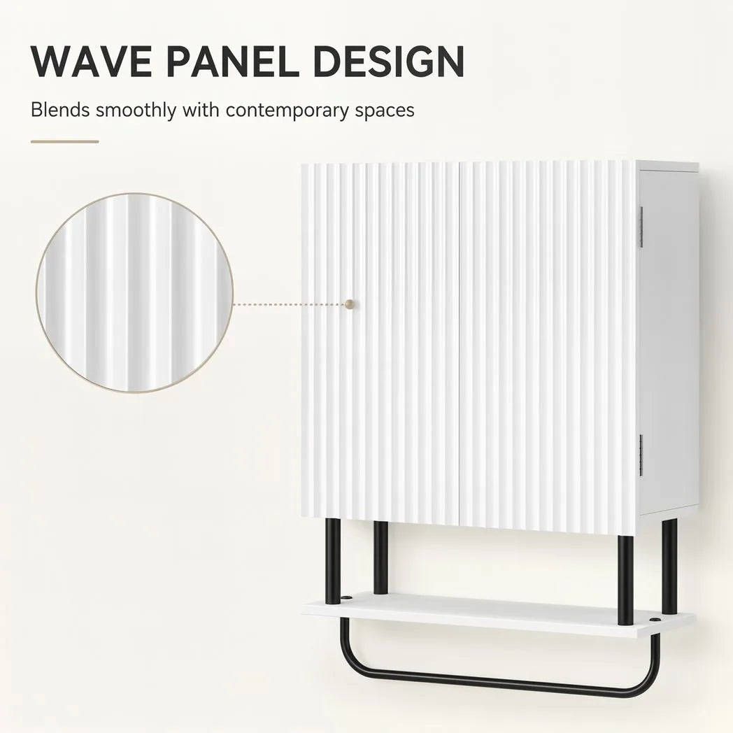 HOMCOM Bathroom Wall Cabinet with Doors and Towel Bar – Wall-Mounted Space-Saving Storage, White