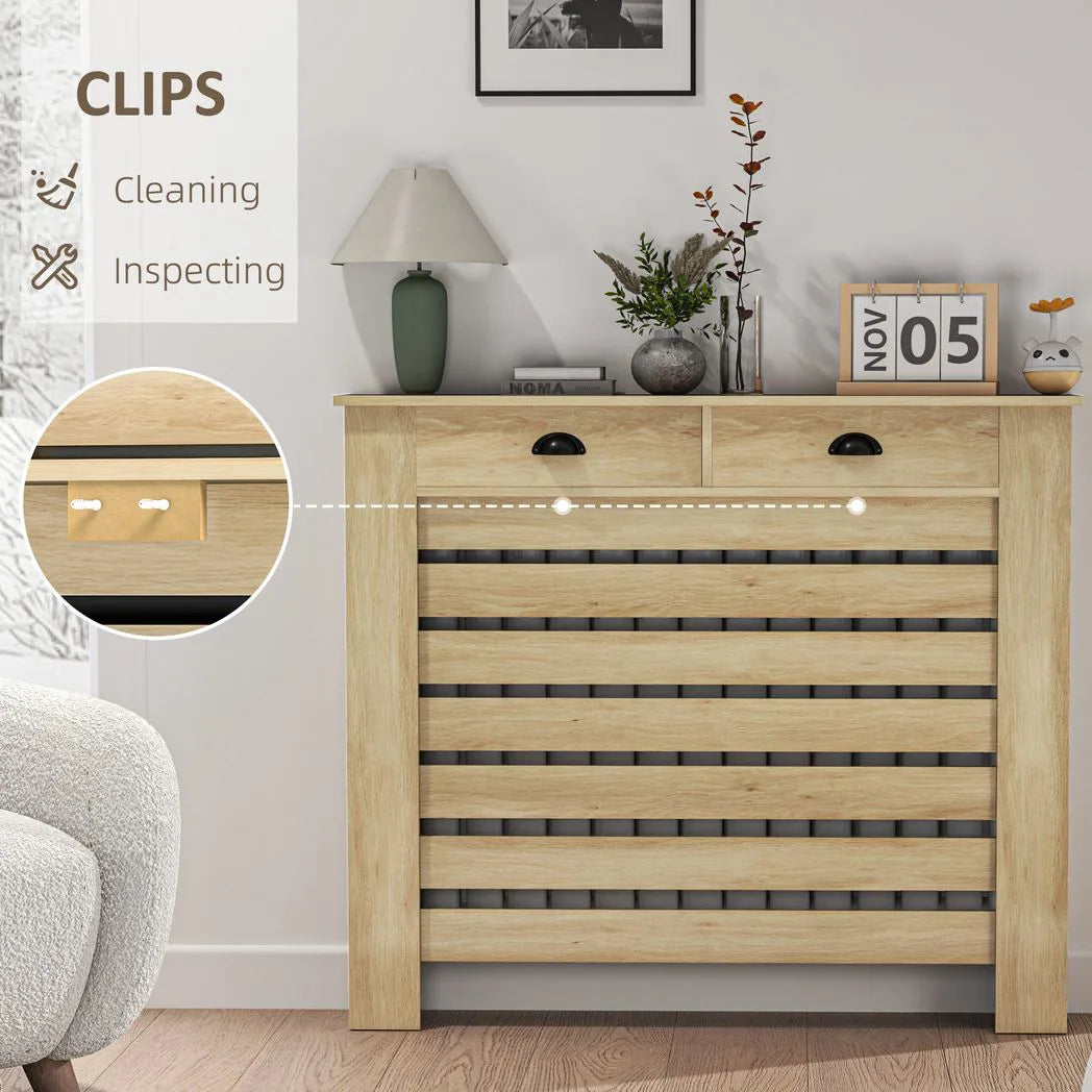 HOMCOM Radiator Cover with Top Drawer and Slatted Centre, 95.5H x 111W cm – Oak
