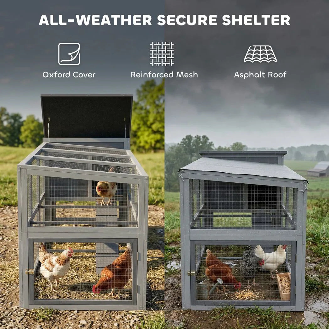 PawHut Large Chicken Coop with Covered Run, Nesting Box and Pull-Out Tray – Wooden Hen House, Asphalt Roof