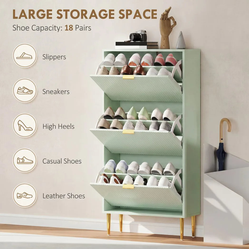 HOMCOM Slim 3-Drawer Shoe Cabinet with Gold Accents, 122.5 x 60 x 24cm, Light Green