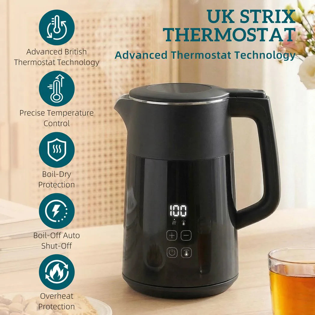 HOMCOM 1.7L Electric Kettle, 3kW Fast Boil with Strix Thermostat, LED Display and Keep Warm – Black