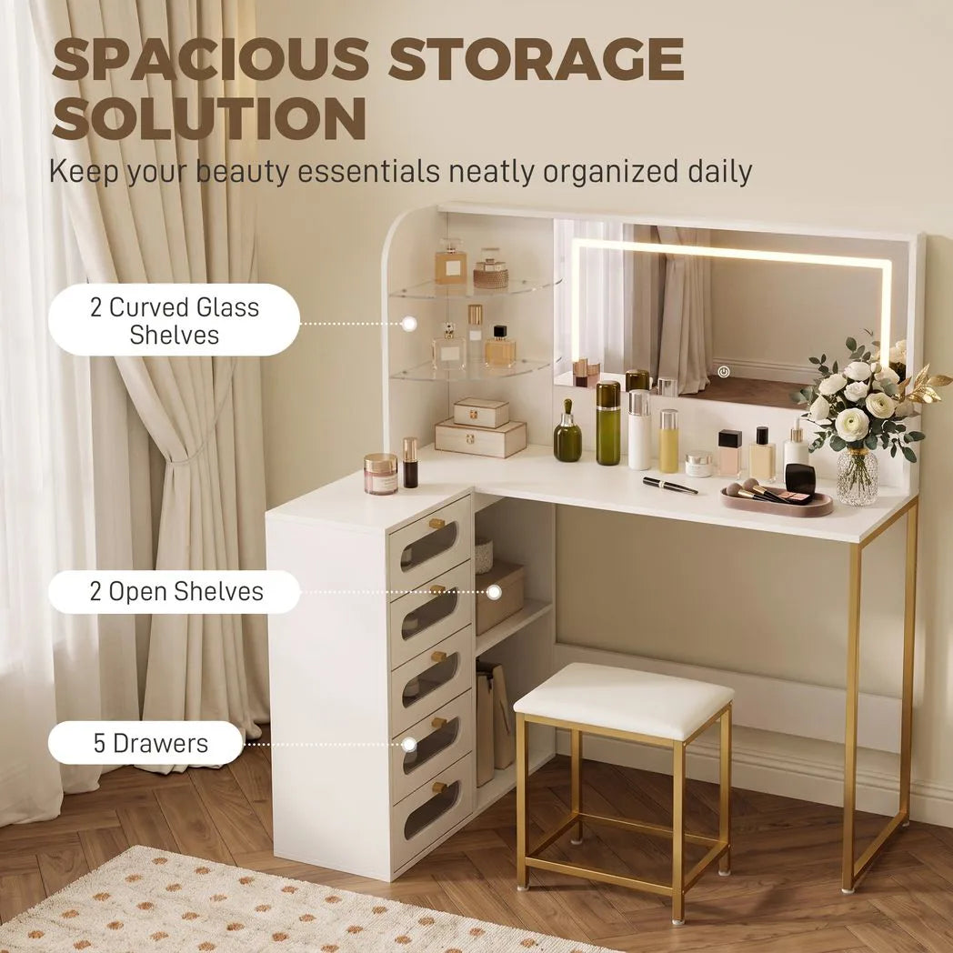 HOMCOM L-Shaped Dressing Table with LED Mirror, Stool, 5 Drawers and Glass Shelves – Bedroom Vanity, White