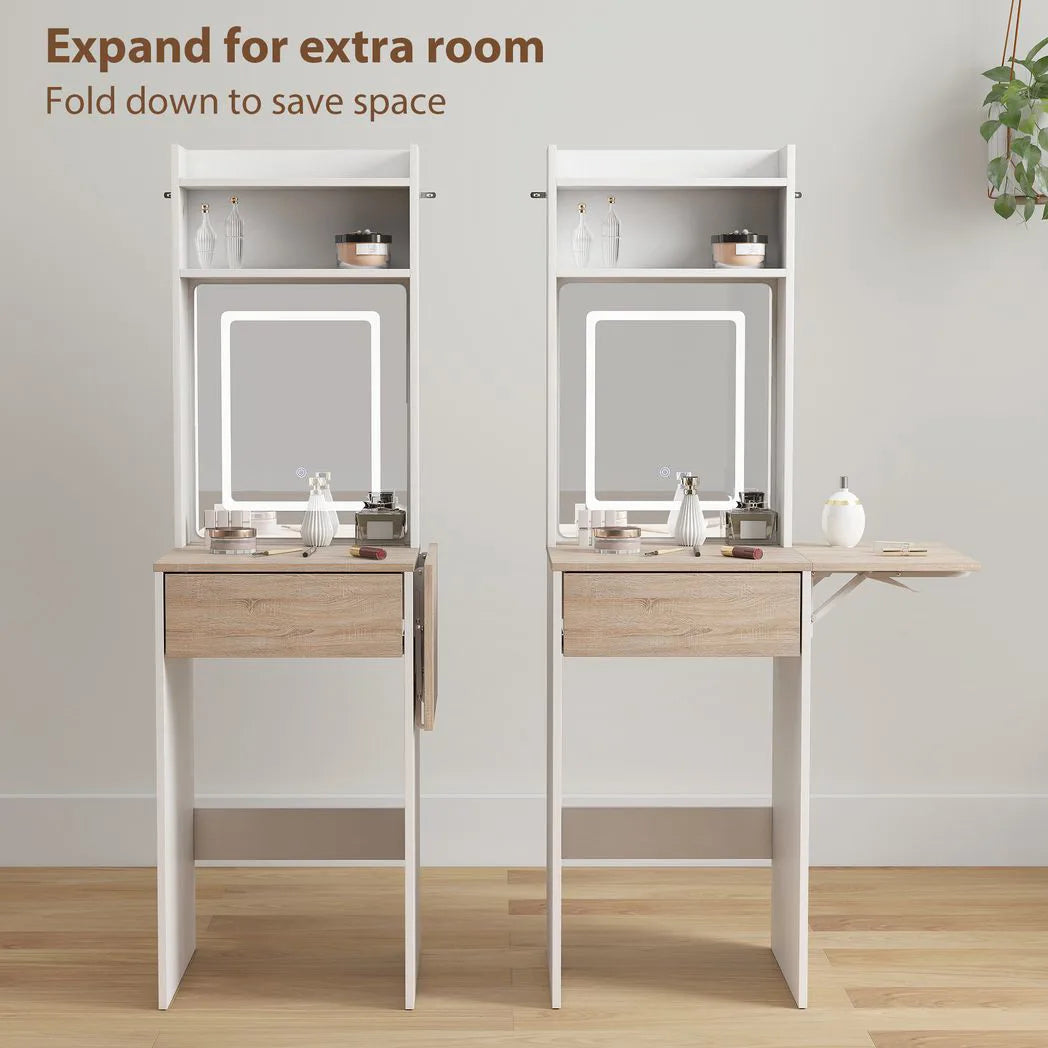 HOMCOM Small Vanity Desk with LED Mirror, Drop Leaf, Open Shelves and Drawer – Compact Dressing Table, White