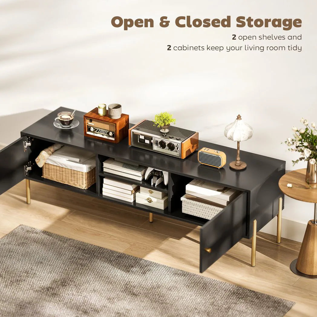 HOMCOM TV Stand for TVs up to 65" with 2 Open Shelves, 2 Cabinets and Gold Steel Legs – Black